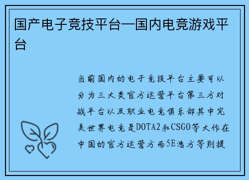 国产电子竞技平台—国内电竞游戏平台